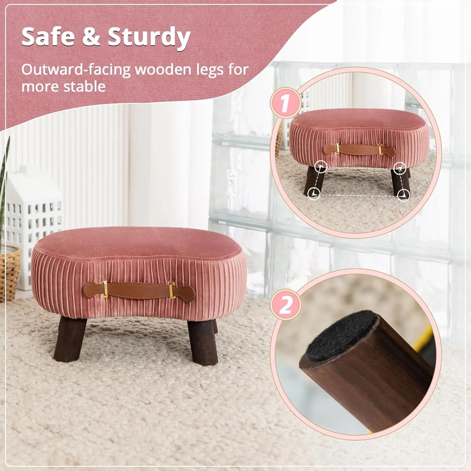 LUE BONA Small Curved Foot Stool with Handle, Pink Velvet Footstool and Ottomans, Modern Foot Rest with Wooden Legs, Step Stool with Padded Seat for Couch, Living Room…