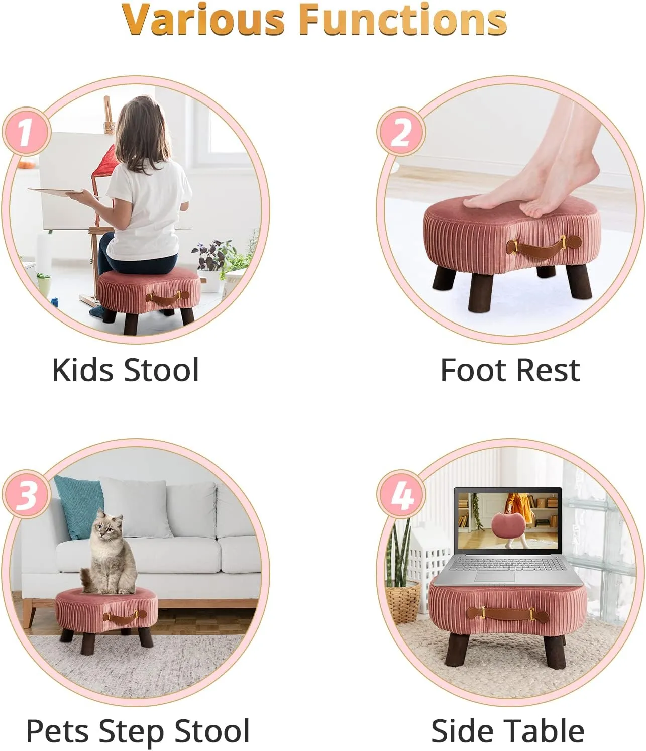 LUE BONA Small Curved Foot Stool with Handle, Pink Velvet Footstool and Ottomans, Modern Foot Rest with Wooden Legs, Step Stool with Padded Seat for Couch, Living Room…