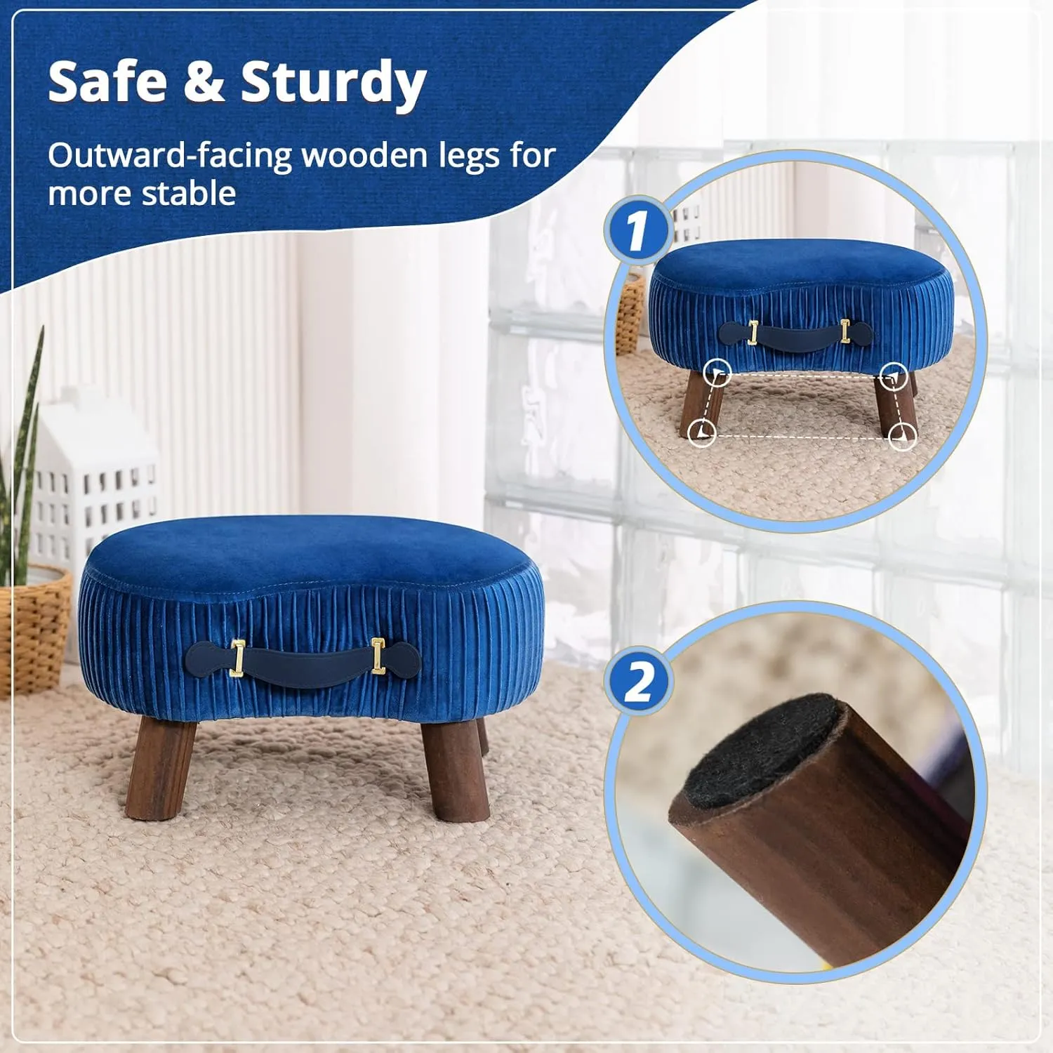 LUE BONA Small Curved Foot Stool with Handle, Velvet Footstool and Ottomans, Modern Foot Rest with Wooden Legs, Step Stool with Padded Seat for Couch, Living Room, Navy…