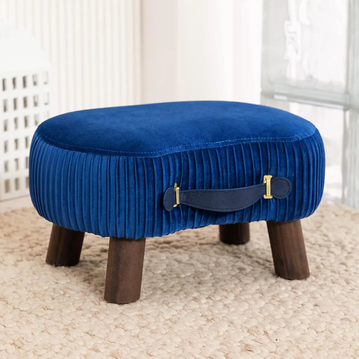LUE BONA Small Curved Foot Stool with Handle, Velvet Footstool and Ottomans, Modern Foot Rest with Wooden Legs, Step Stool with Padded Seat for Couch, Living Room, Navy…