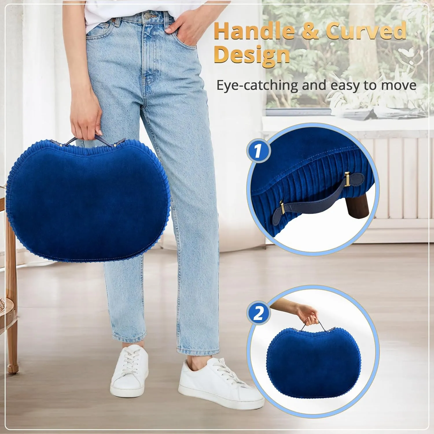 LUE BONA Small Curved Foot Stool with Handle, Velvet Footstool and Ottomans, Modern Foot Rest with Wooden Legs, Step Stool with Padded Seat for Couch, Living Room, Navy…