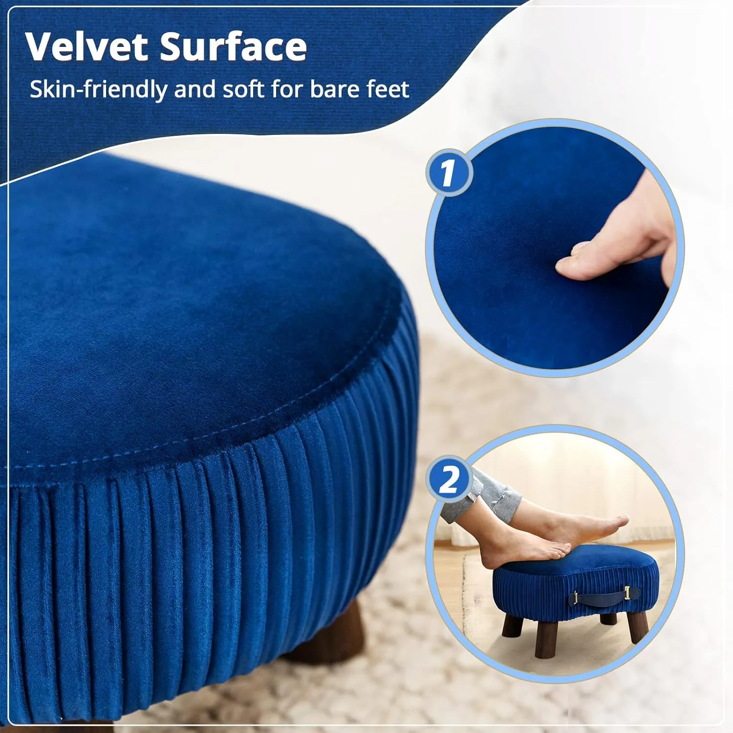 LUE BONA Small Curved Foot Stool with Handle, Velvet Footstool and Ottomans, Modern Foot Rest with Wooden Legs, Step Stool with Padded Seat for Couch, Living Room, Navy…