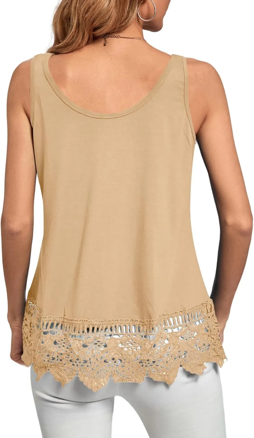 LYANER Women's Lace Hem Boat Neck Sleeveless Swing Trim Loose Tank Tops Blouse