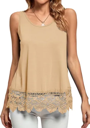LYANER Women's Lace Hem Boat Neck Sleeveless Swing Trim Loose Tank Tops Blouse