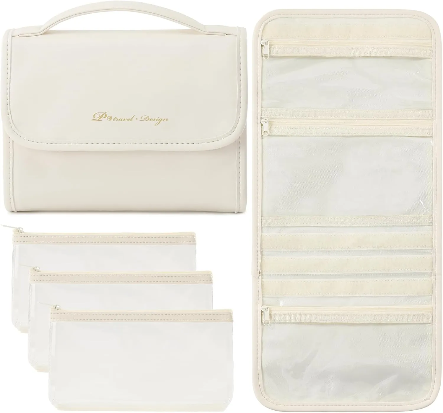 Lychii 6-in-1 Roll-up Makeup Bag with 3 Detachable PVC Zip Pouches, Clear TSA Approved Travel Toiletry Bag Organizer for Cosmetics, First Aid, Medicine, Personal Care, Hair Care, Palette/Brushes