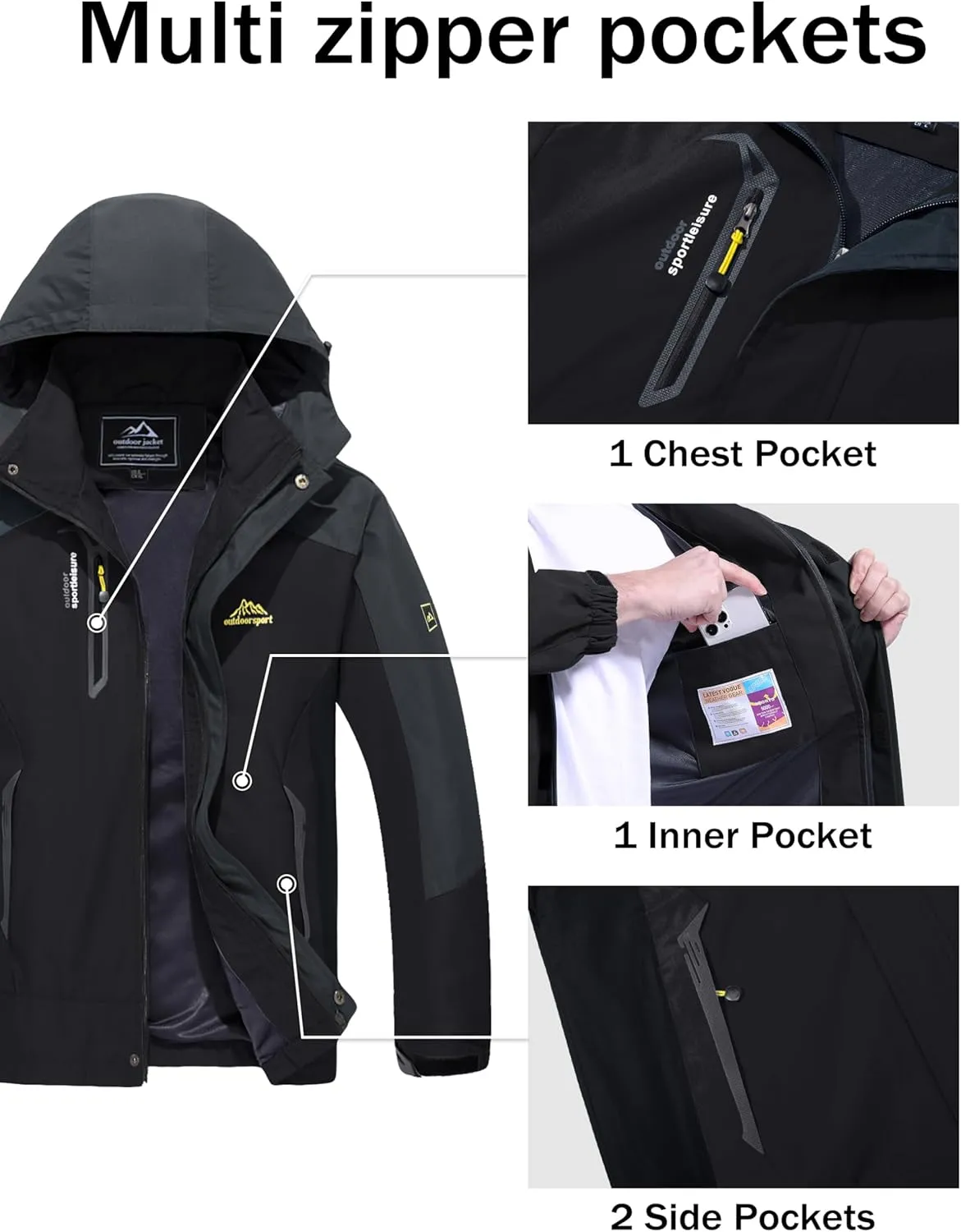 MAGCOMSEN Men's Waterproof Rain Jacket with Hood Windbreaker 4 Pockets Raincoat for Hiking Camping Fishing Travel