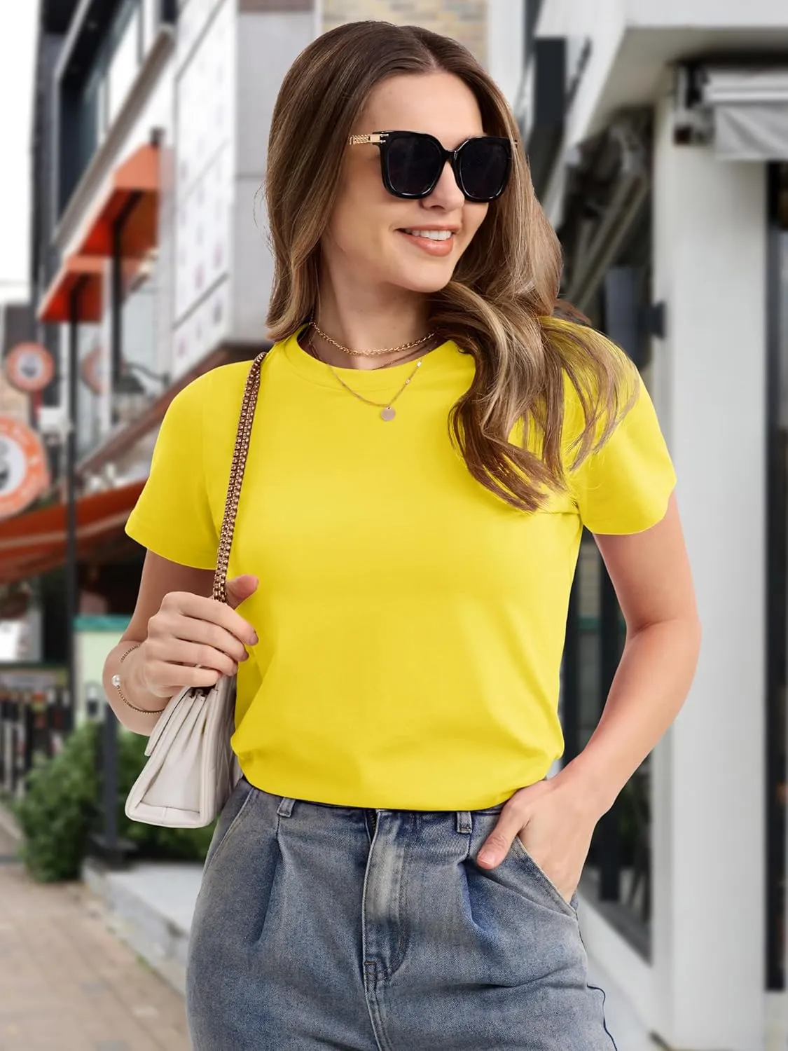 MAGCOMSEN Women's Cotton T-Shirts Short-Sleeve Shirts Crew-Neck Tops Classic-Fit Breathable Casual Summer Tees