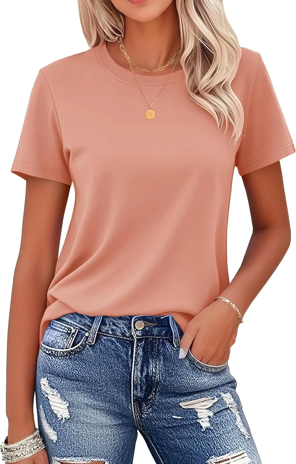 MAGCOMSEN Women's Cotton T-Shirts Short-Sleeve Shirts Crew-Neck Tops Classic-Fit Breathable Casual Summer Tees