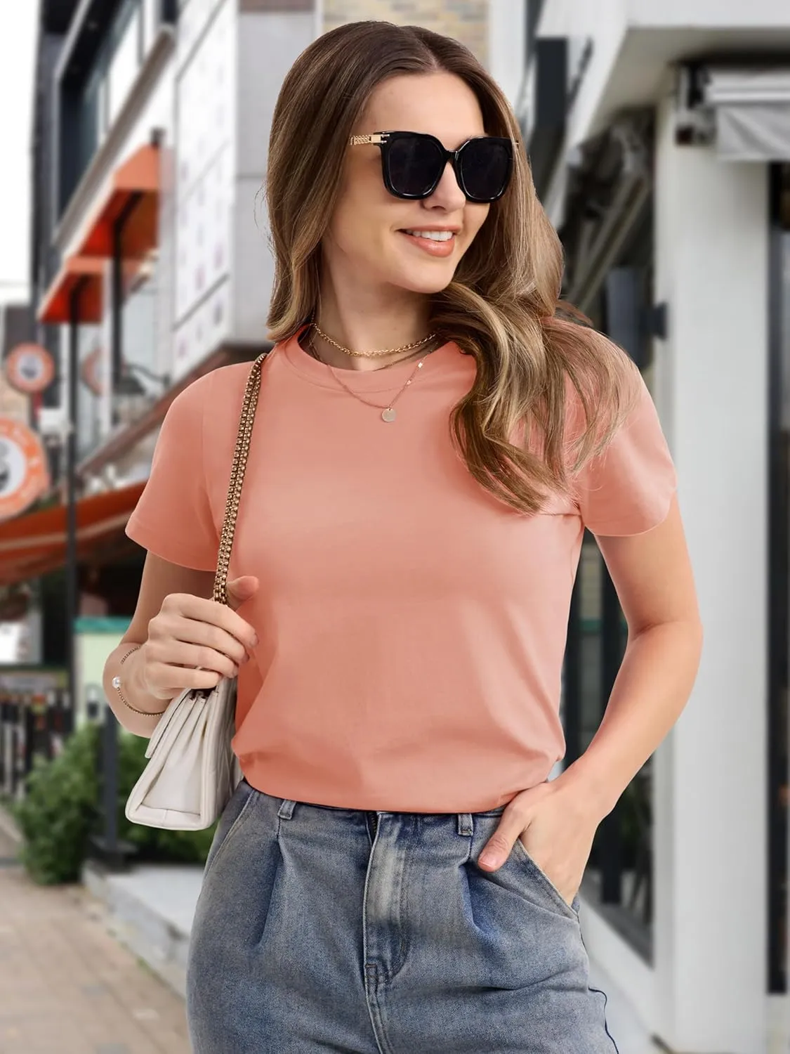 MAGCOMSEN Women's Cotton T-Shirts Short-Sleeve Shirts Crew-Neck Tops Classic-Fit Breathable Casual Summer Tees
