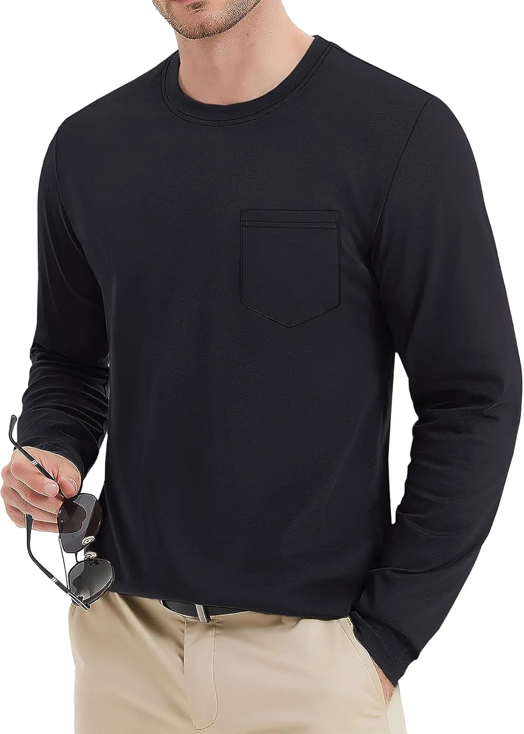 MAGNIVIT Men's Long Sleeve Cotton Shirts with Pocket Crew Neck Casual Shirt Regular Fit Solid Top Spring Fashion 2025