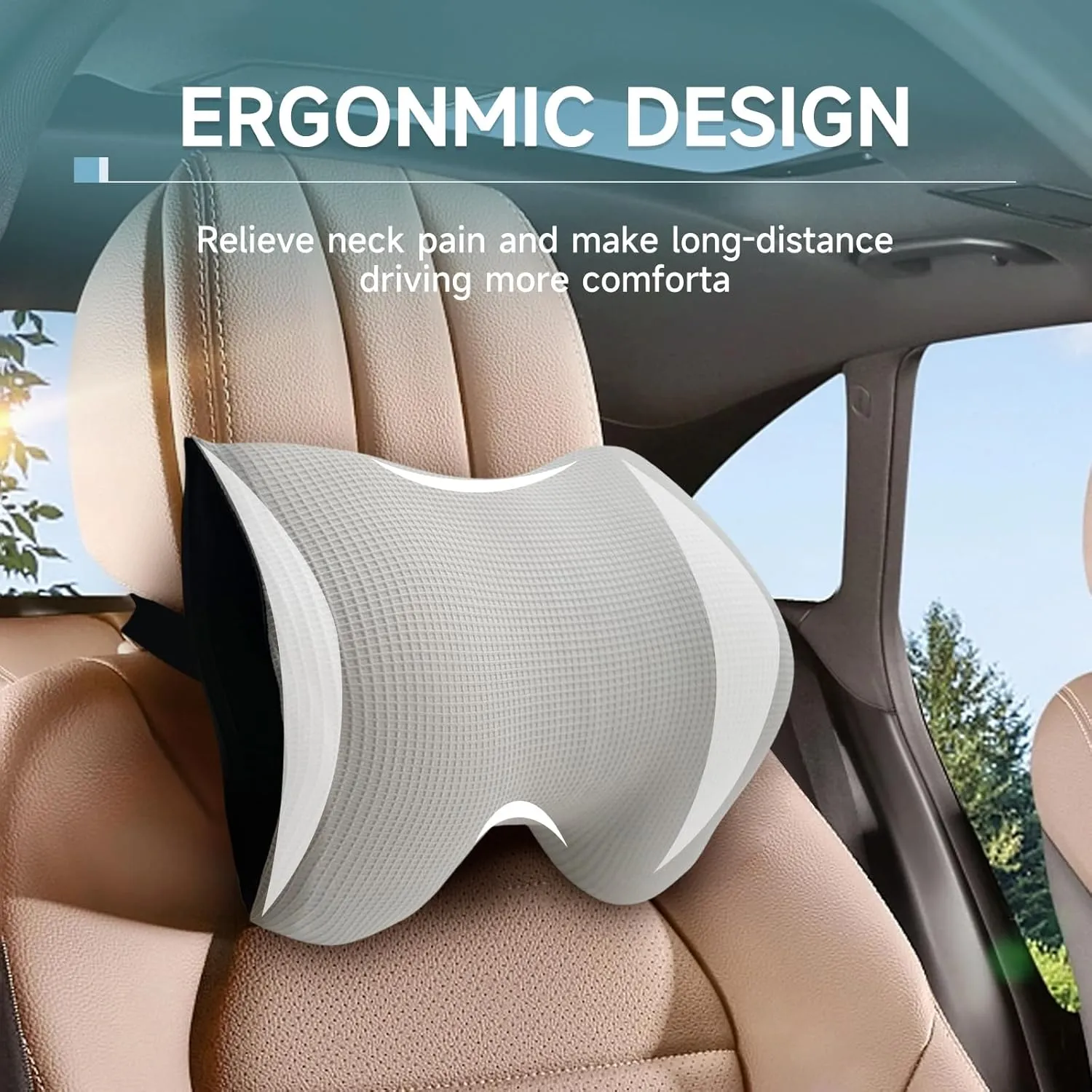 Make Comforting Car Headrest Pillow, Car Pillow for Driving with Adjustable Strap, 100% Memory Foam Neck Cushion, Breathable Removable Cover & Ergonomic Design - Car Neck Pillow(Moonlight-Silver, 1PC)