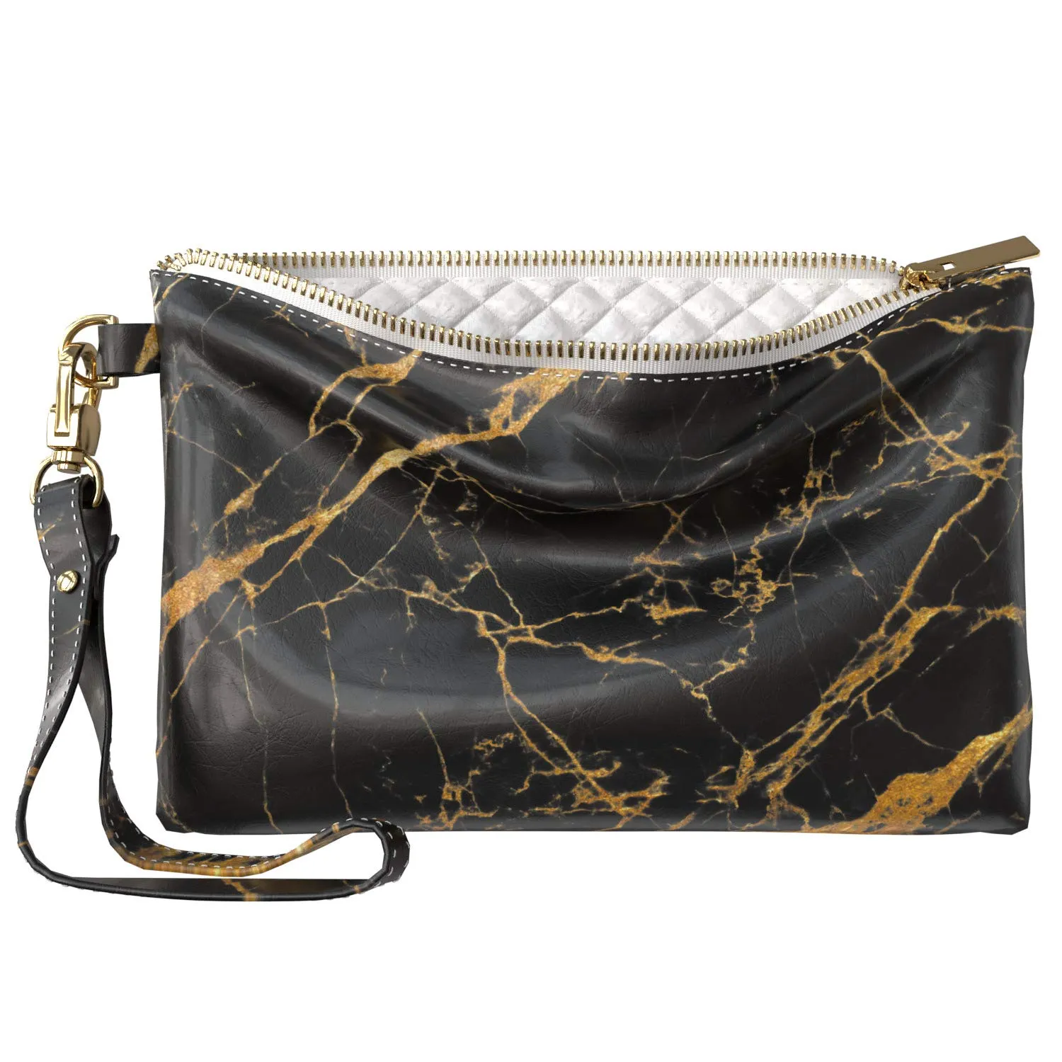 Makeup Bag 9.5 x 6 inch Basic Gold Black Strap Accessories Granite Luxury Portable Organizer Design Marble New Cosmetic Storage Print PU Leather Toiletry Zipper Travel Case Minimal Purse Pouch