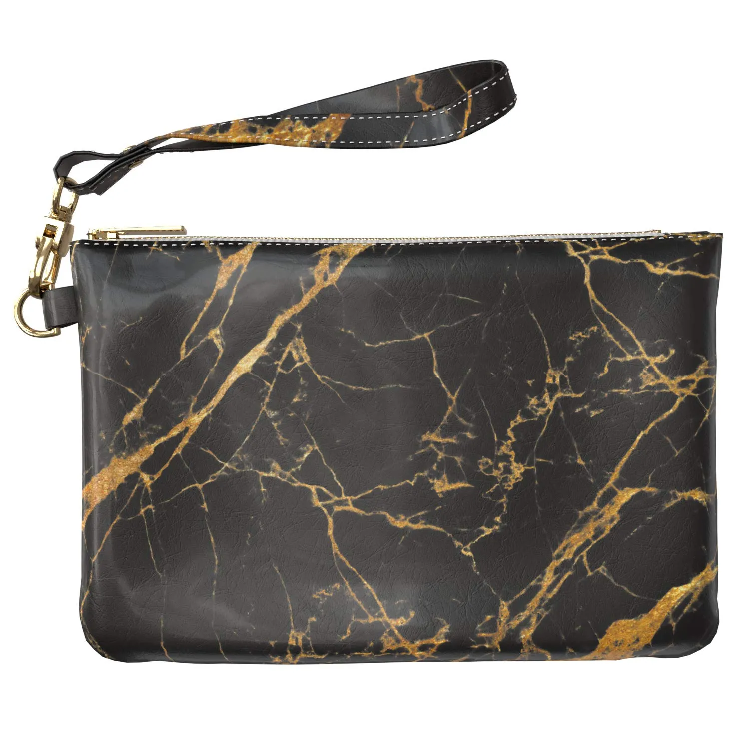 Makeup Bag 9.5 x 6 inch Basic Gold Black Strap Accessories Granite Luxury Portable Organizer Design Marble New Cosmetic Storage Print PU Leather Toiletry Zipper Travel Case Minimal Purse Pouch