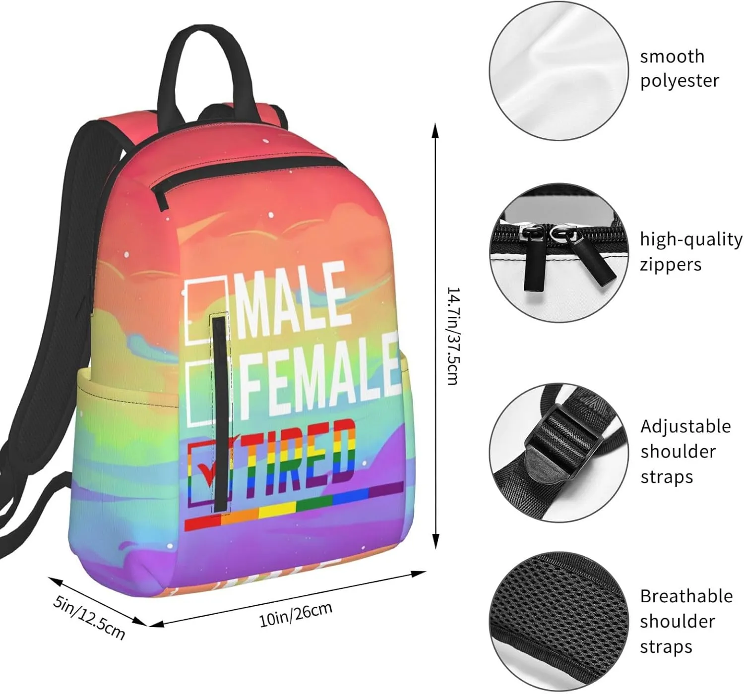 Male Female Tired LGBTQ Rainbow Gay Pride LGBT Travel Laptop Backpack Casual Backpacks Double Shoulder Daypack Notebook Rucksack Work Bags Sports Bag for Hiking Camping Beach