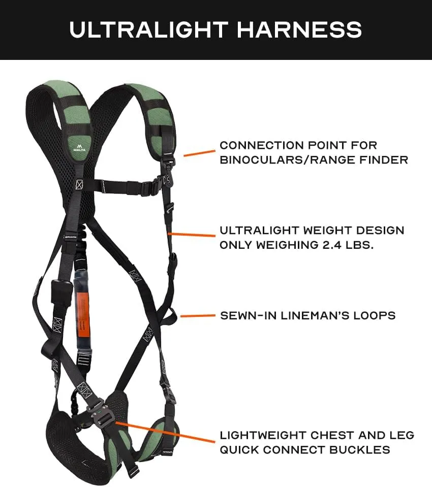 Malta Hunting Safety Youth Ultralight Safety Harness Set with Climbing Strap, Tree Strap, Deer Drag/Suspension Relief Strap