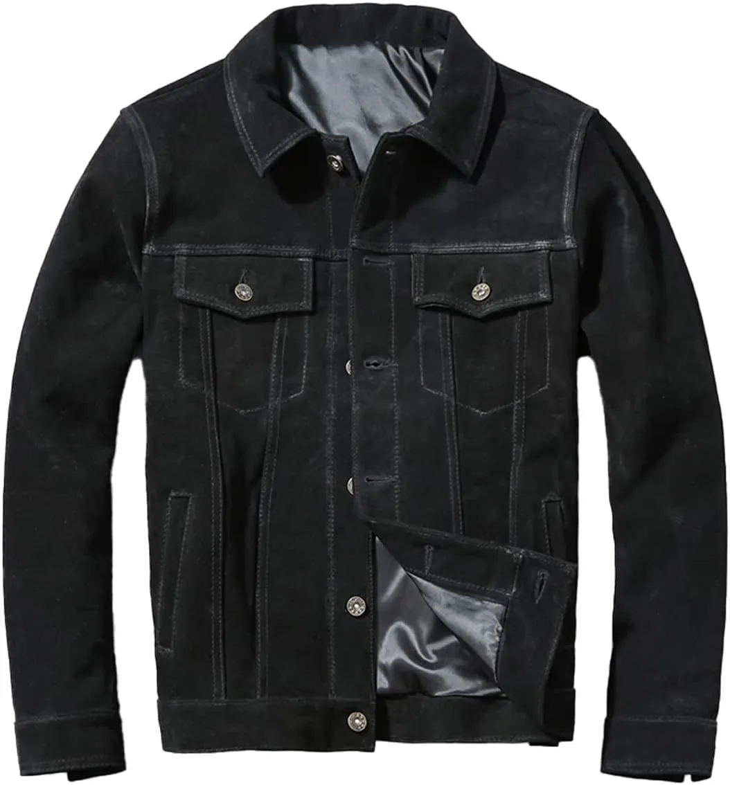 Man Black Trucker Genuine Suede Turn Down Collar Casual Classic Western Fashionable Leather Jacket