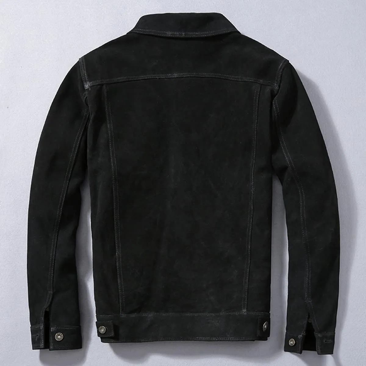 Man Black Trucker Genuine Suede Turn Down Collar Casual Classic Western Fashionable Leather Jacket