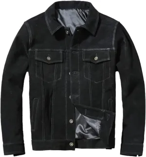 Man Black Trucker Genuine Suede Turn Down Collar Casual Classic Western Fashionable Leather Jacket