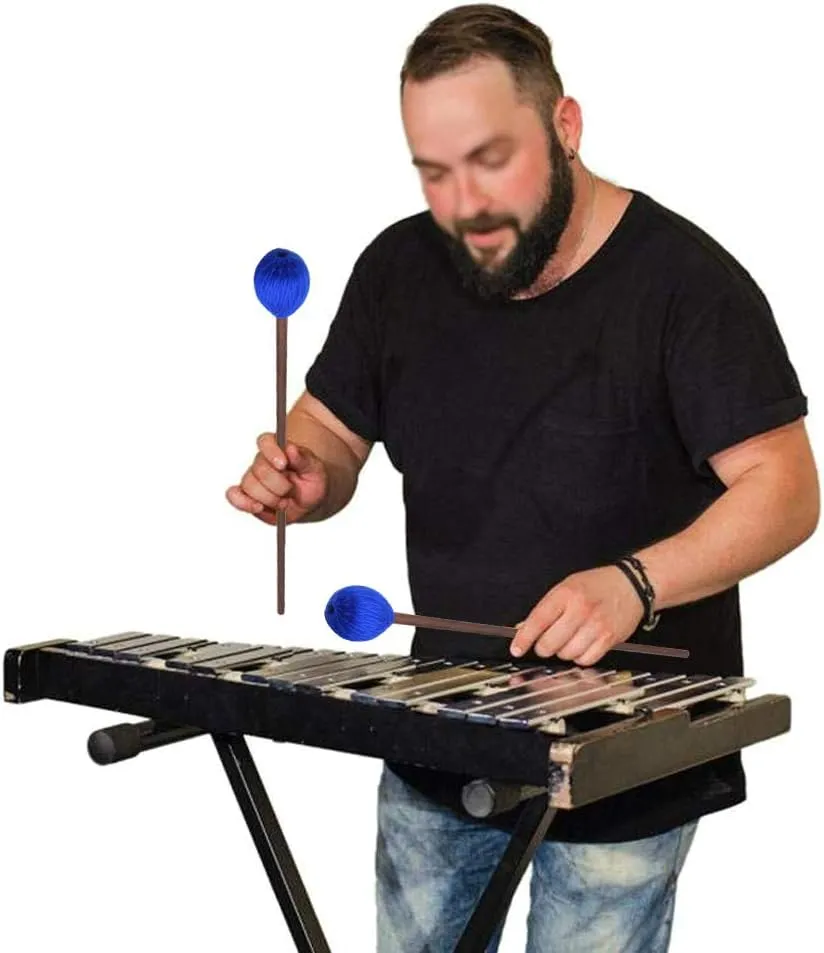 Marimba Mallets, 1 Pair Medium Blue Hard Yarn Marimba Mallets and 1 Pair Rubber Mallets Sticks with Wood Handle for Percussion Marimba Playing Glockenspiel Marimba (Style 1)