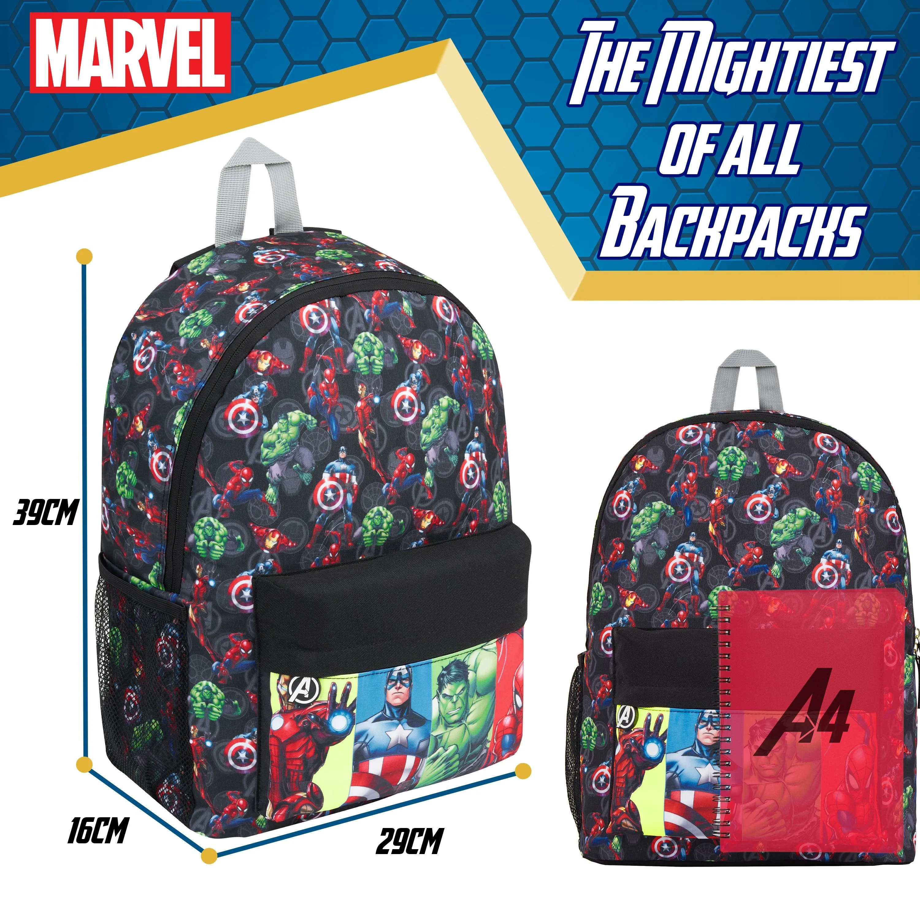 Marvel Kids Backpack, School Bag with Zipped Front Pocket - Avengers