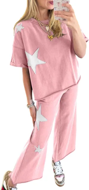MARZXIN 2 Piece Sets For Women Ashleigh Blue Acid Wash Star Patched Rolled Trim Pants Set