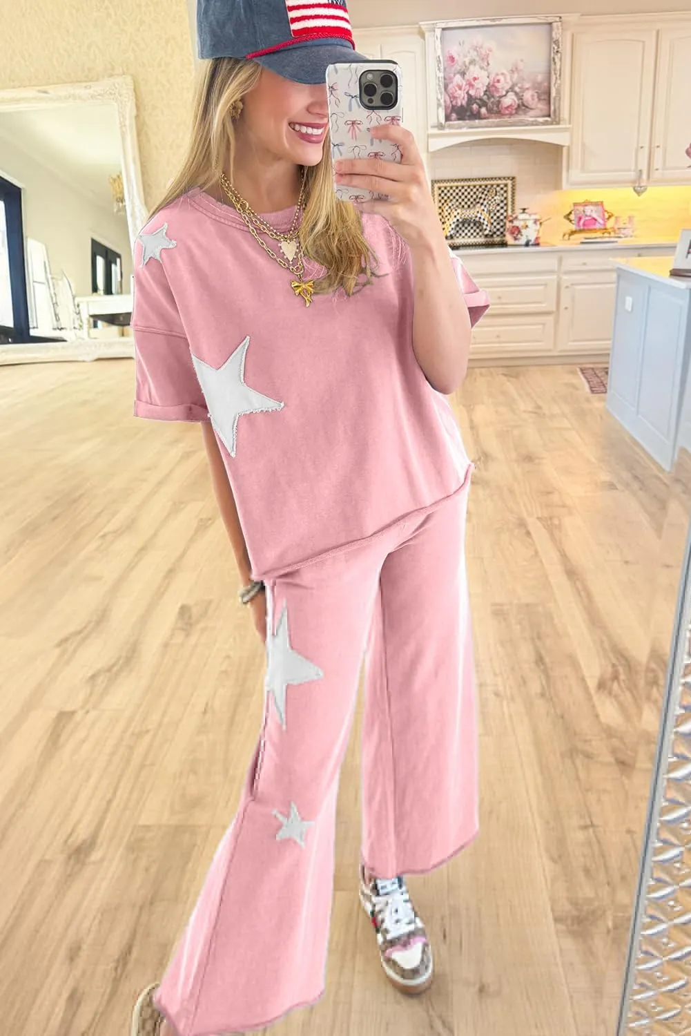 MARZXIN 2 Piece Sets For Women Ashleigh Blue Acid Wash Star Patched Rolled Trim Pants Set