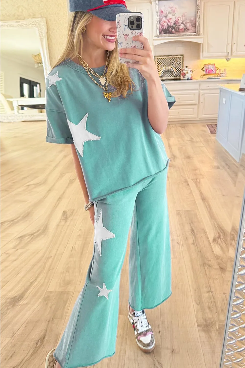 MARZXIN 2 Piece Sets For Women Ashleigh Blue Acid Wash Star Patched Rolled Trim Pants Set