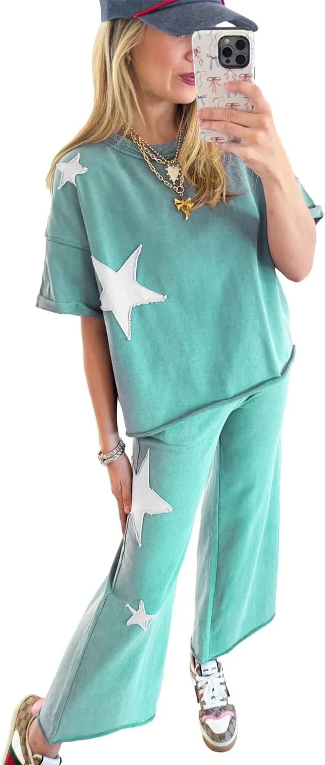 MARZXIN 2 Piece Sets For Women Ashleigh Blue Acid Wash Star Patched Rolled Trim Pants Set