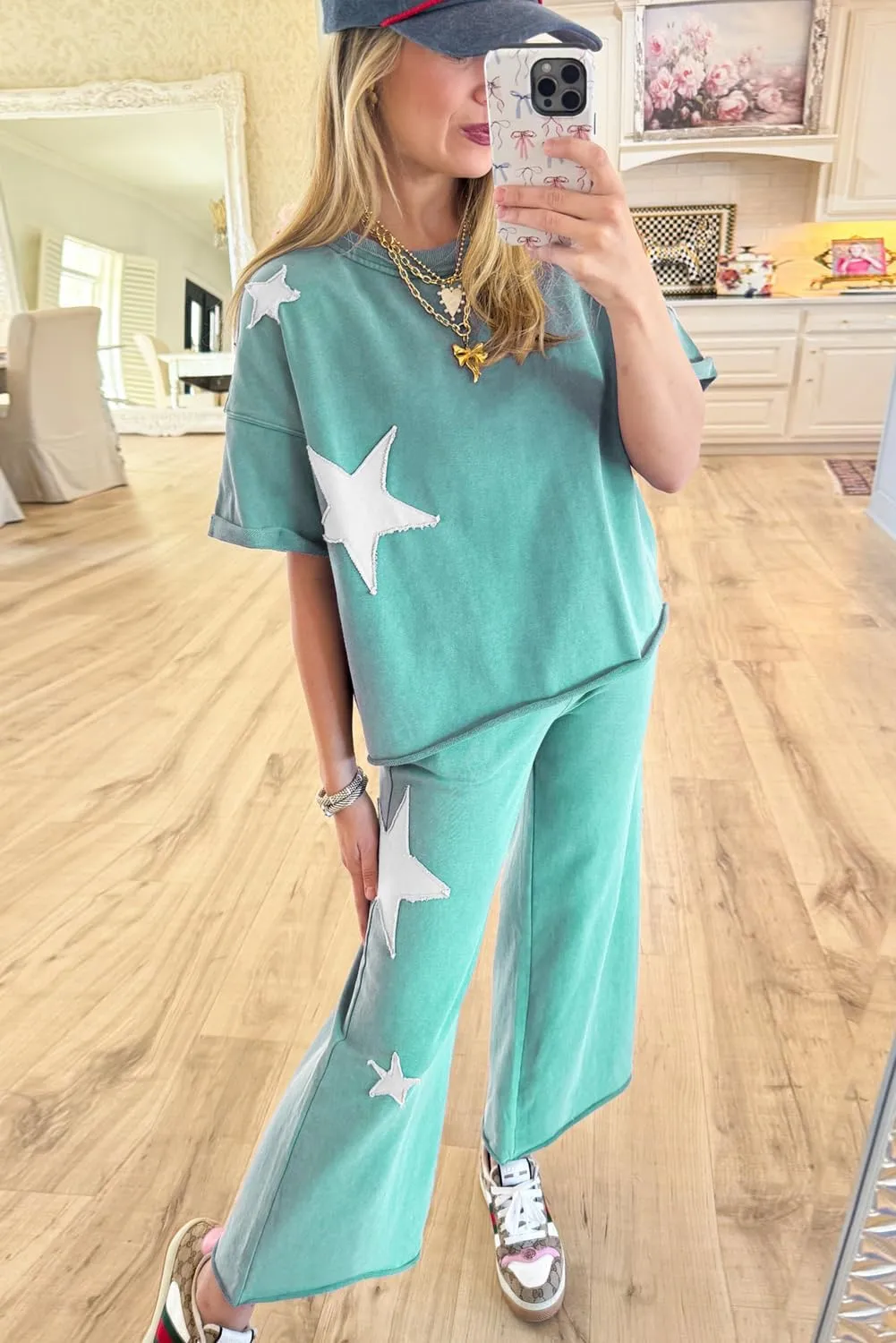 MARZXIN 2 Piece Sets For Women Ashleigh Blue Acid Wash Star Patched Rolled Trim Pants Set