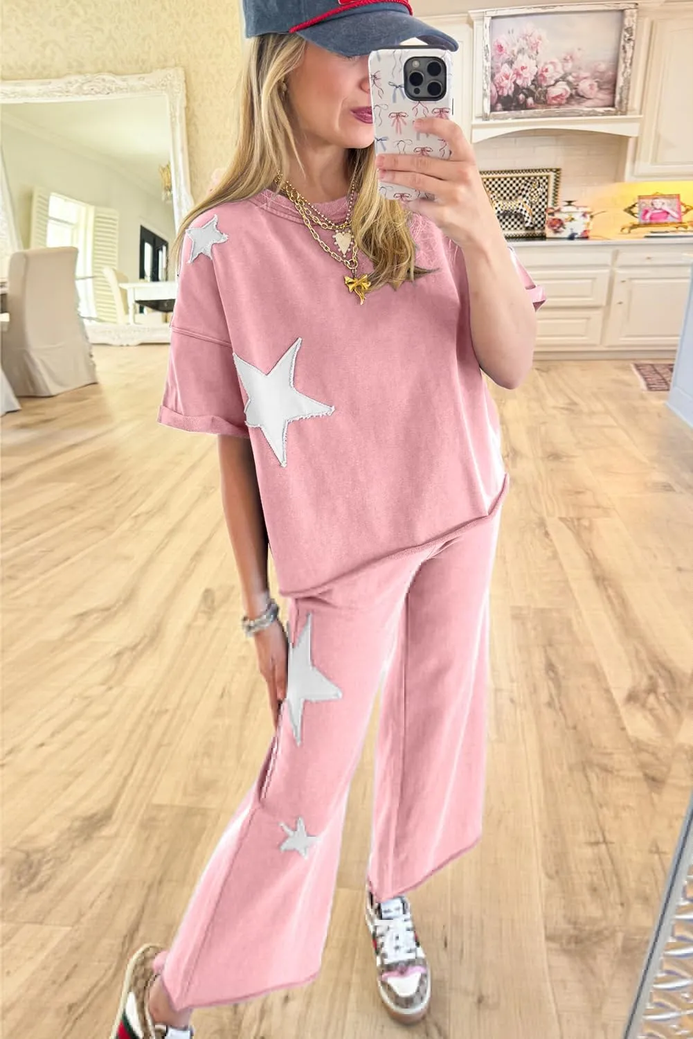 MARZXIN 2 Piece Sets For Women Ashleigh Blue Acid Wash Star Patched Rolled Trim Pants Set