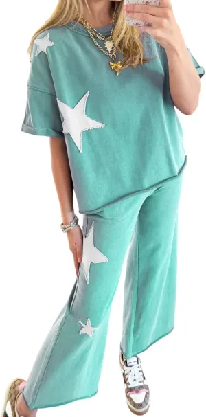 MARZXIN 2 Piece Sets For Women Ashleigh Blue Acid Wash Star Patched Rolled Trim Pants Set