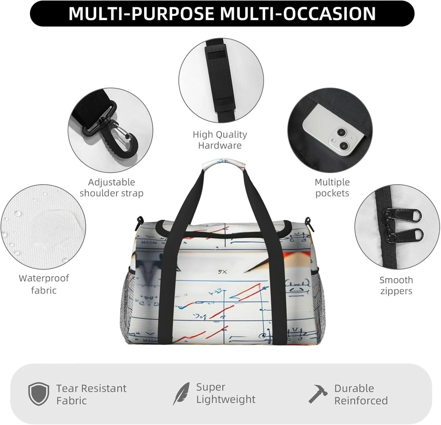 Math Formula Travel Duffel Bag With Zippers And Handles, Big Foldable Duffle Bag For Family Vacations