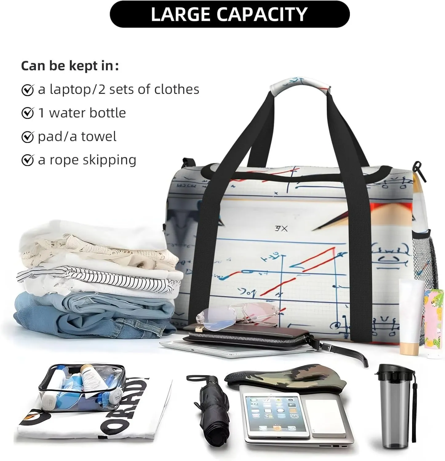 Math Formula Travel Duffel Bag With Zippers And Handles, Big Foldable Duffle Bag For Family Vacations