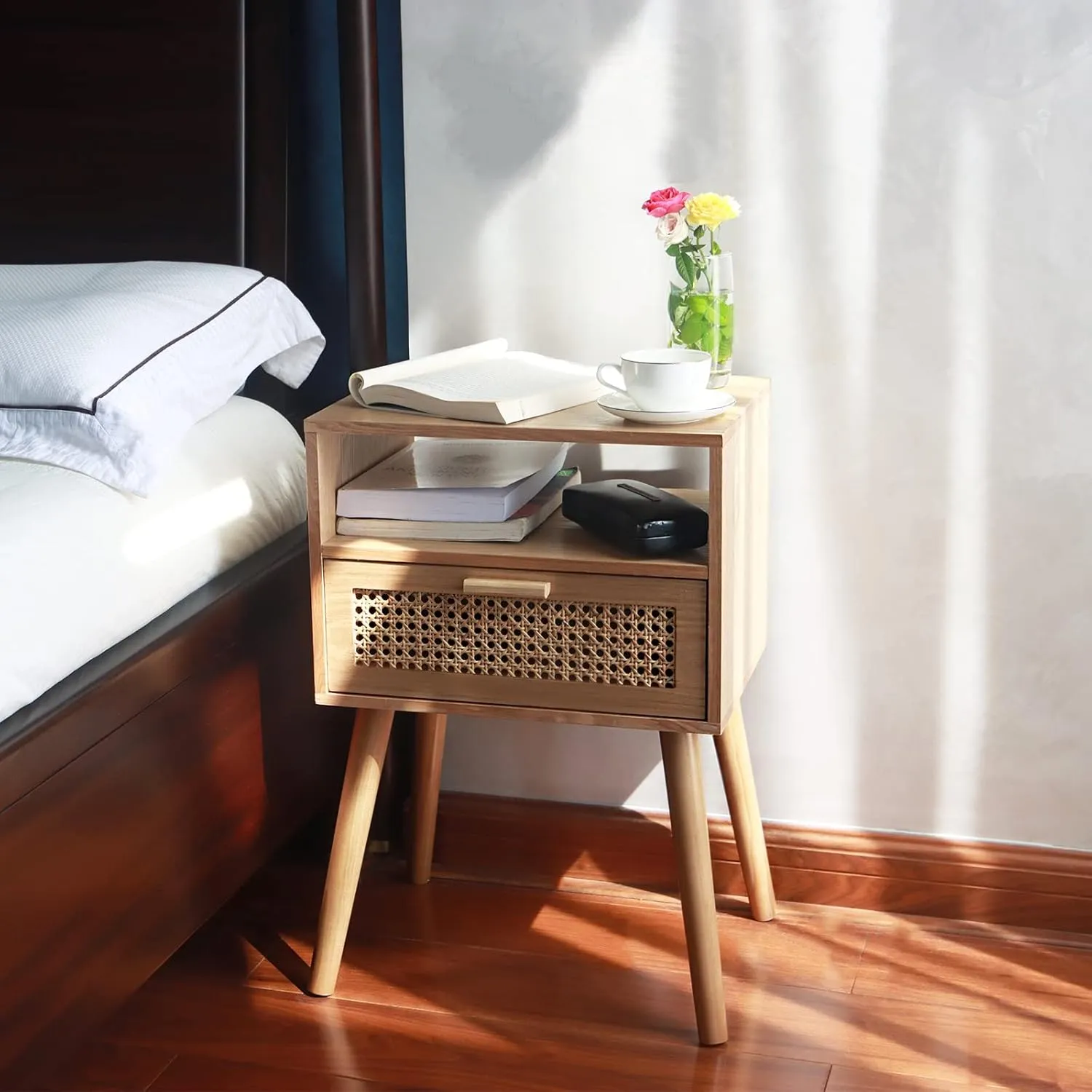 MaxSmeo Modern Nightstand Rattan Side End Table with Storage, for Living Room, Bedroom and Small Spaces, Accent Bedside Farmhouse Tables with Solid Wood Legs, Easy Assembly (Natural Walnut)