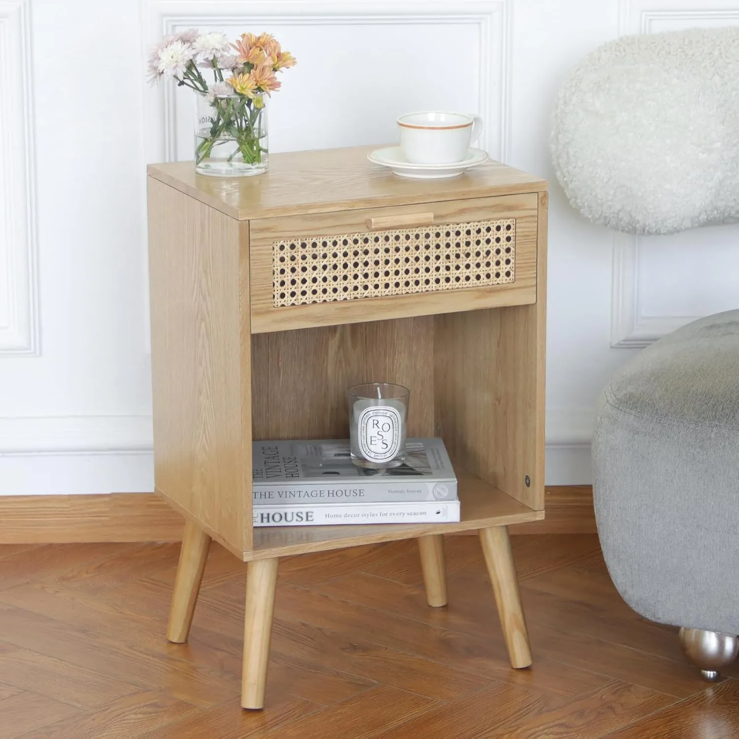 MaxSmeo Rattan Side Table, Small Bedside Tables Natural Wood Nightstand with Drawer and Open Shelf, Modern Nightstand with Solid Legs (Natural Walnut)