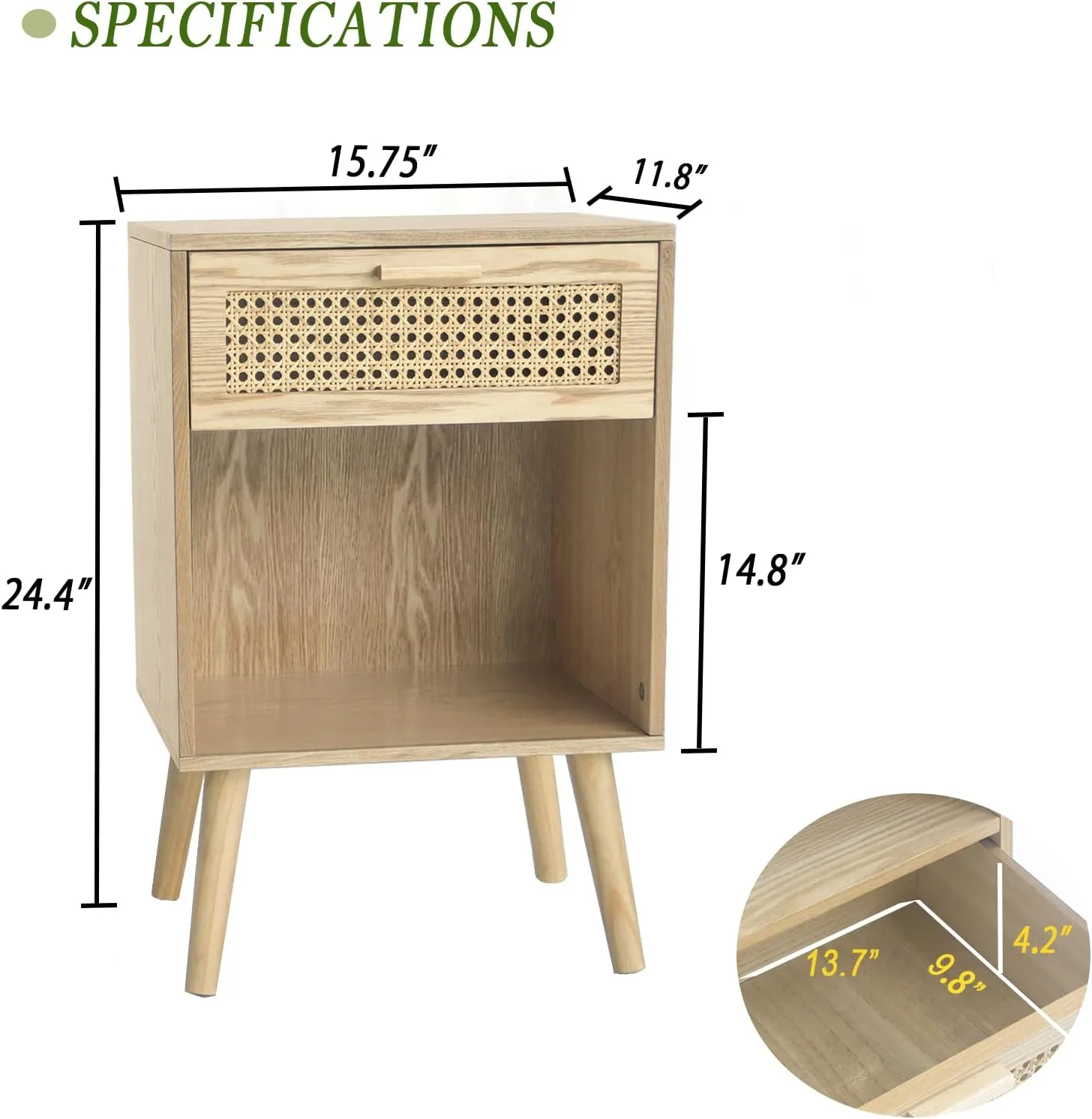 MaxSmeo Rattan Side Table, Small Bedside Tables Natural Wood Nightstand with Drawer and Open Shelf, Modern Nightstand with Solid Legs (Natural Walnut)