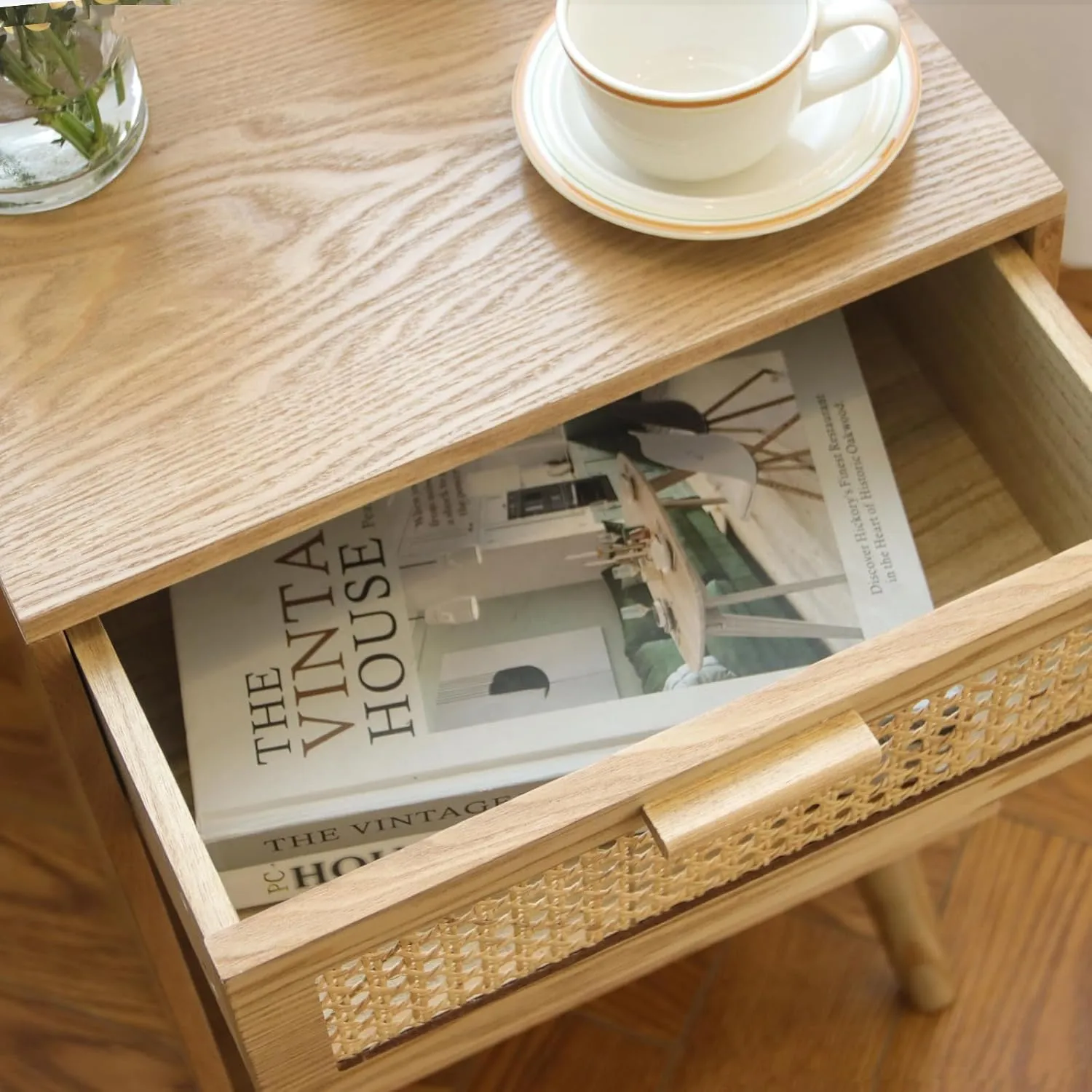 MaxSmeo Rattan Side Table, Small Bedside Tables Natural Wood Nightstand with Drawer and Open Shelf, Modern Nightstand with Solid Legs (Natural Walnut)