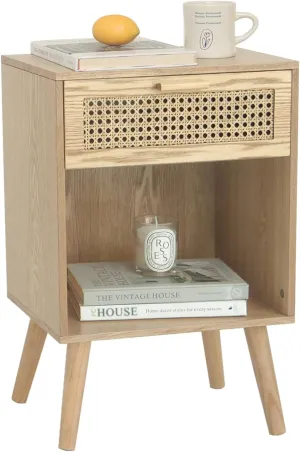 MaxSmeo Rattan Side Table, Small Bedside Tables Natural Wood Nightstand with Drawer and Open Shelf, Modern Nightstand with Solid Legs (Natural Walnut)