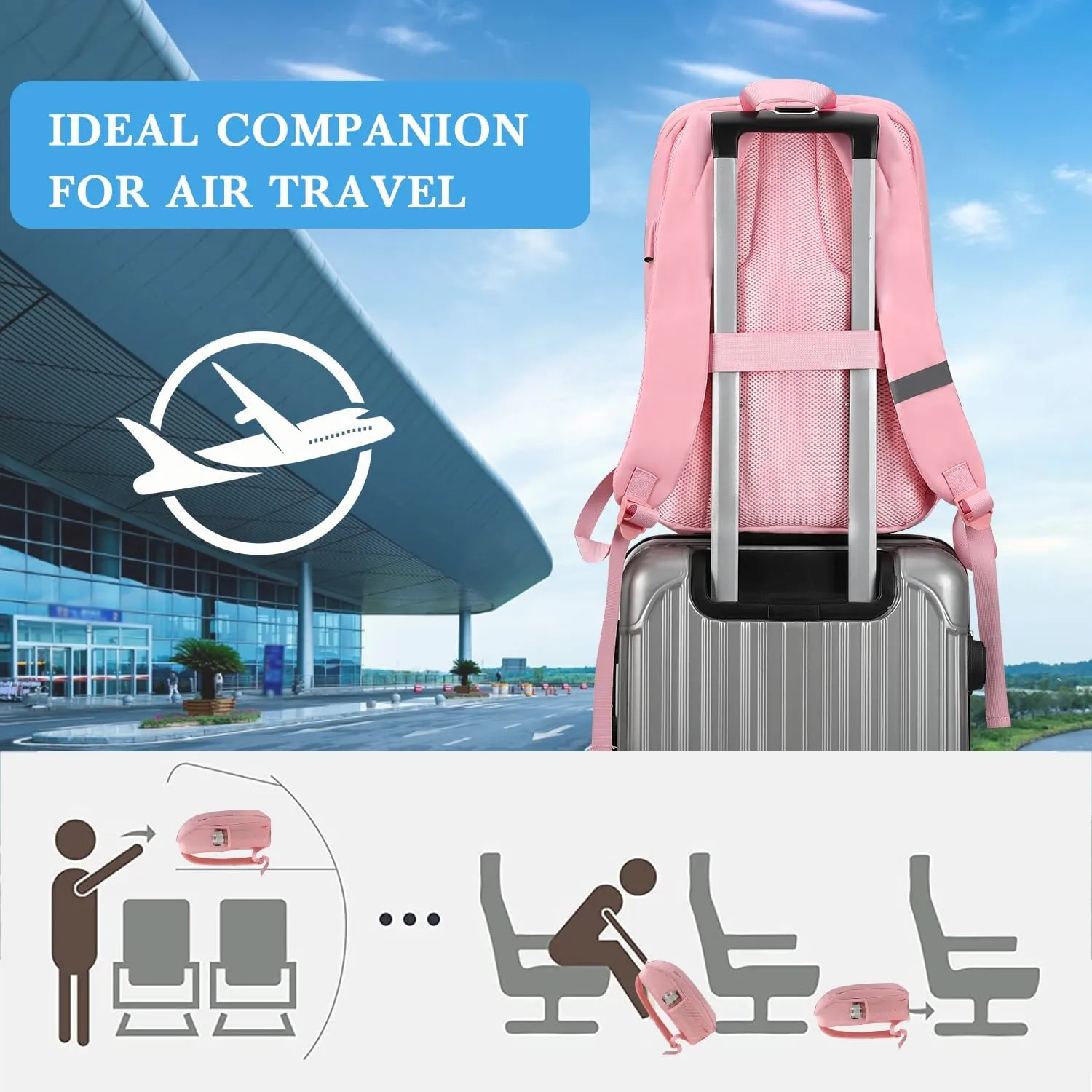 MAXTOP Laptop Backpack College Travel Backpacks with USB Charging Port Water-Resistant Business Computer Bookbag for Men Women 15.6 Inch Laptop Pink