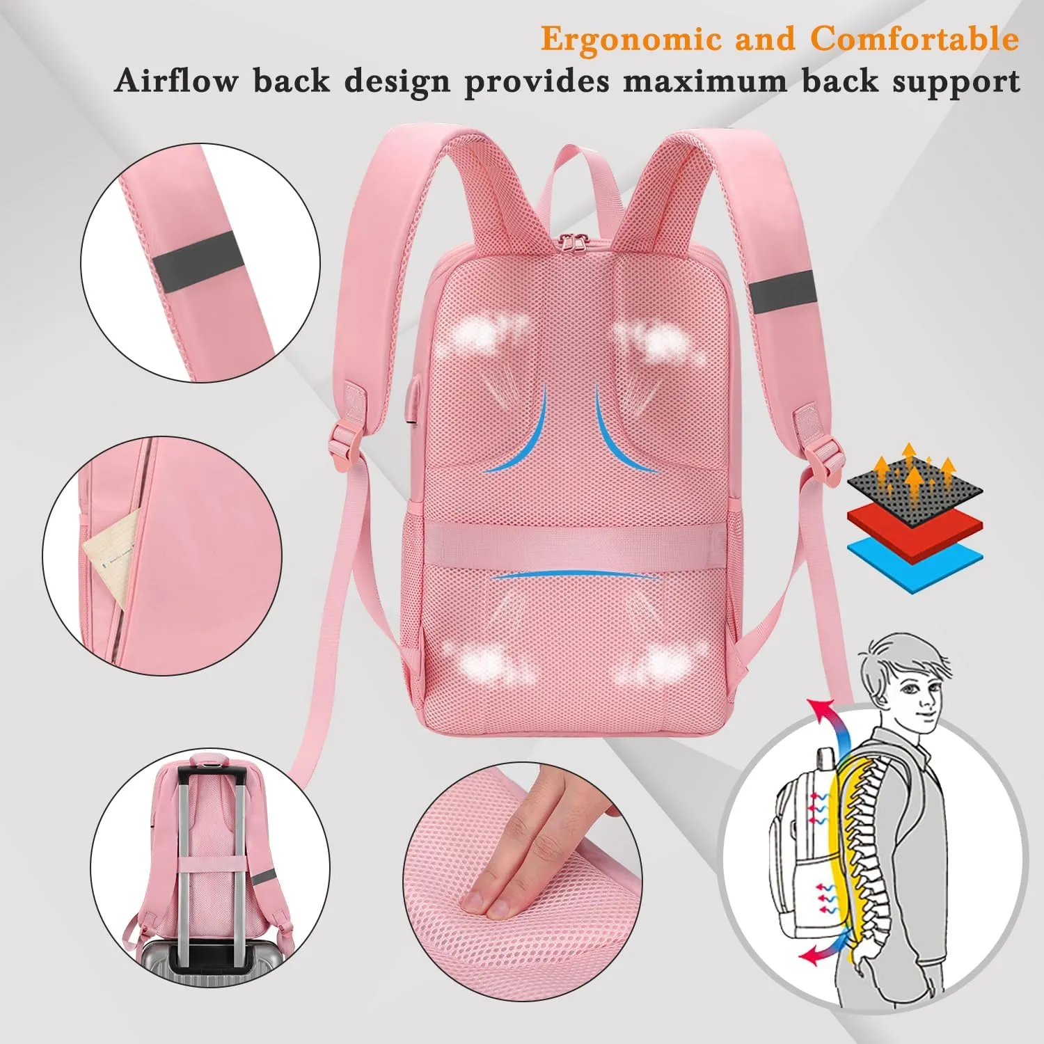 MAXTOP Laptop Backpack College Travel Backpacks with USB Charging Port Water-Resistant Business Computer Bookbag for Men Women 15.6 Inch Laptop Pink