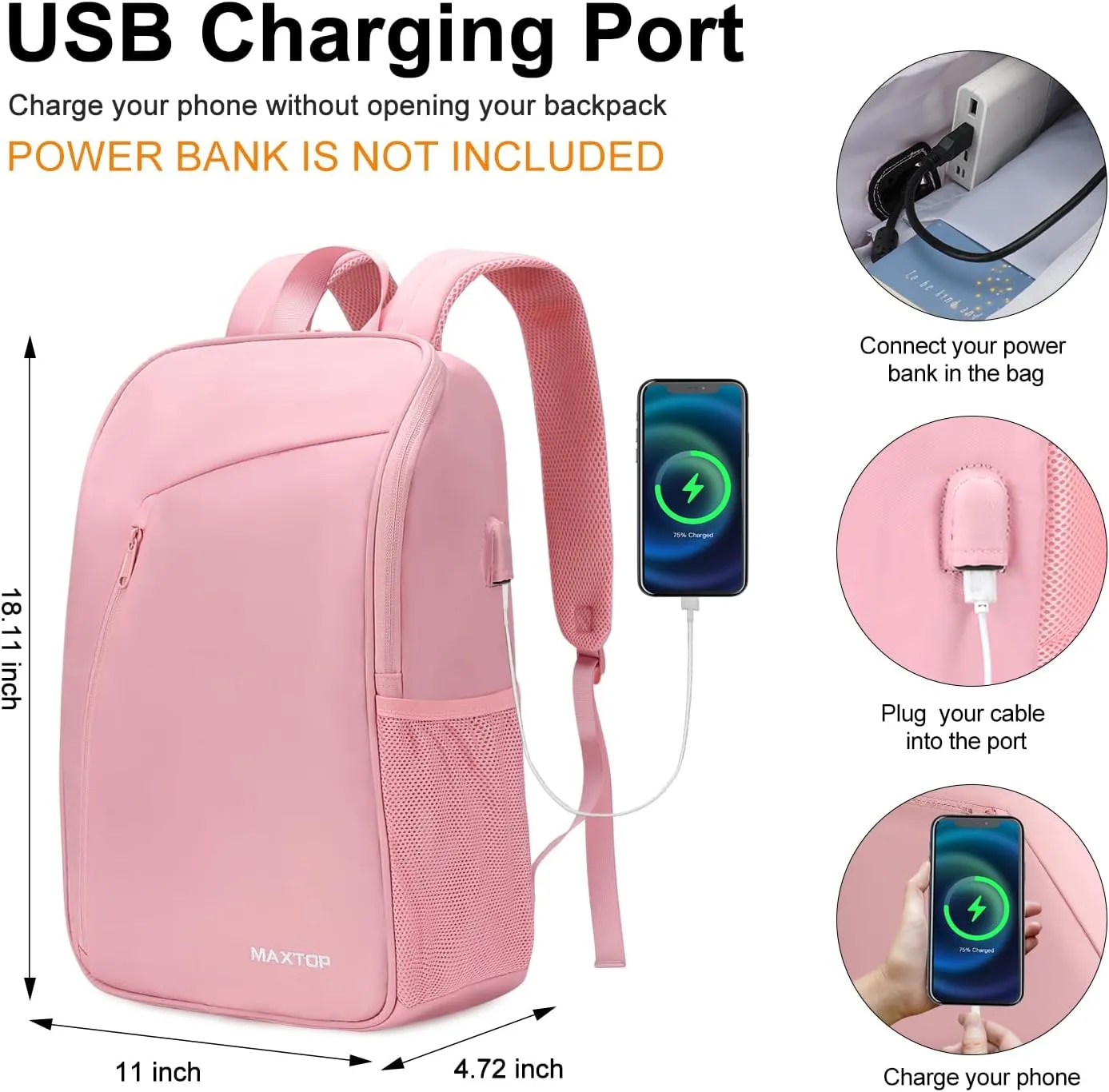 MAXTOP Laptop Backpack College Travel Backpacks with USB Charging Port Water-Resistant Business Computer Bookbag for Men Women 15.6 Inch Laptop Pink