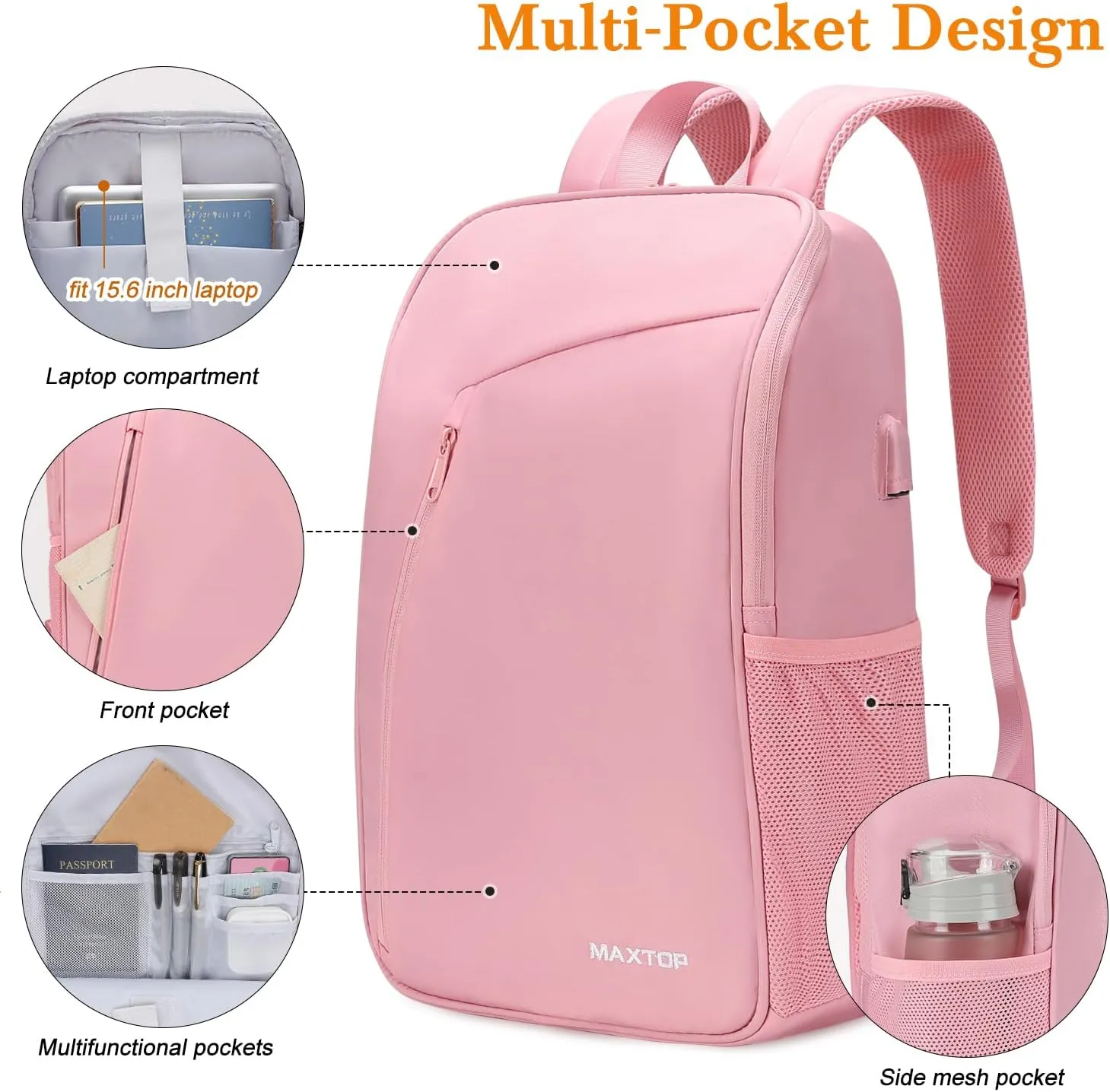 MAXTOP Laptop Backpack College Travel Backpacks with USB Charging Port Water-Resistant Business Computer Bookbag for Men Women 15.6 Inch Laptop Pink