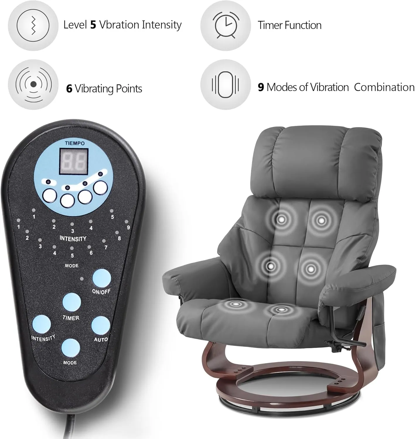 MCombo Manual Swivel Recliner with Ottoman, Reclining Chair with Vibration Massage for Small Spaces, Living Room, Office, Faux Leather 9068 (Grey)