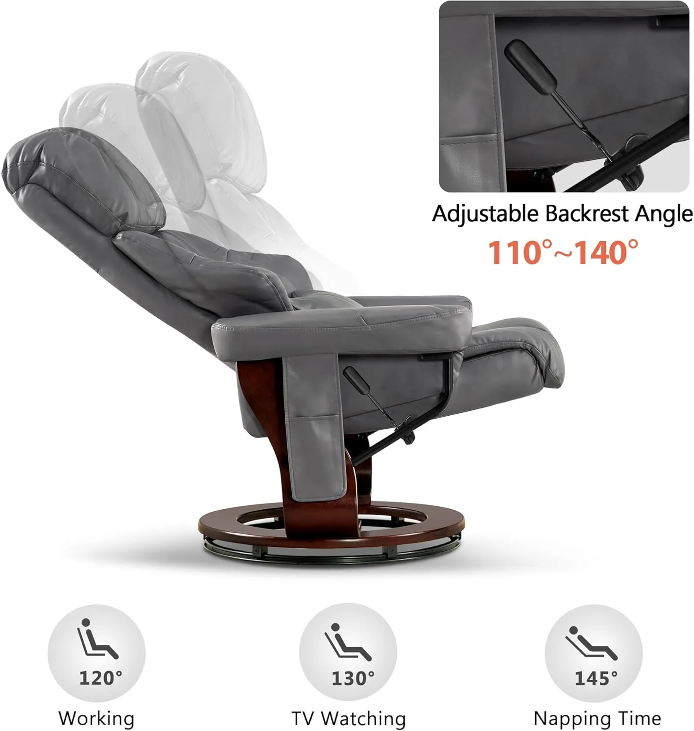 MCombo Manual Swivel Recliner with Ottoman, Reclining Chair with Vibration Massage for Small Spaces, Living Room, Office, Faux Leather 9068 (Grey)