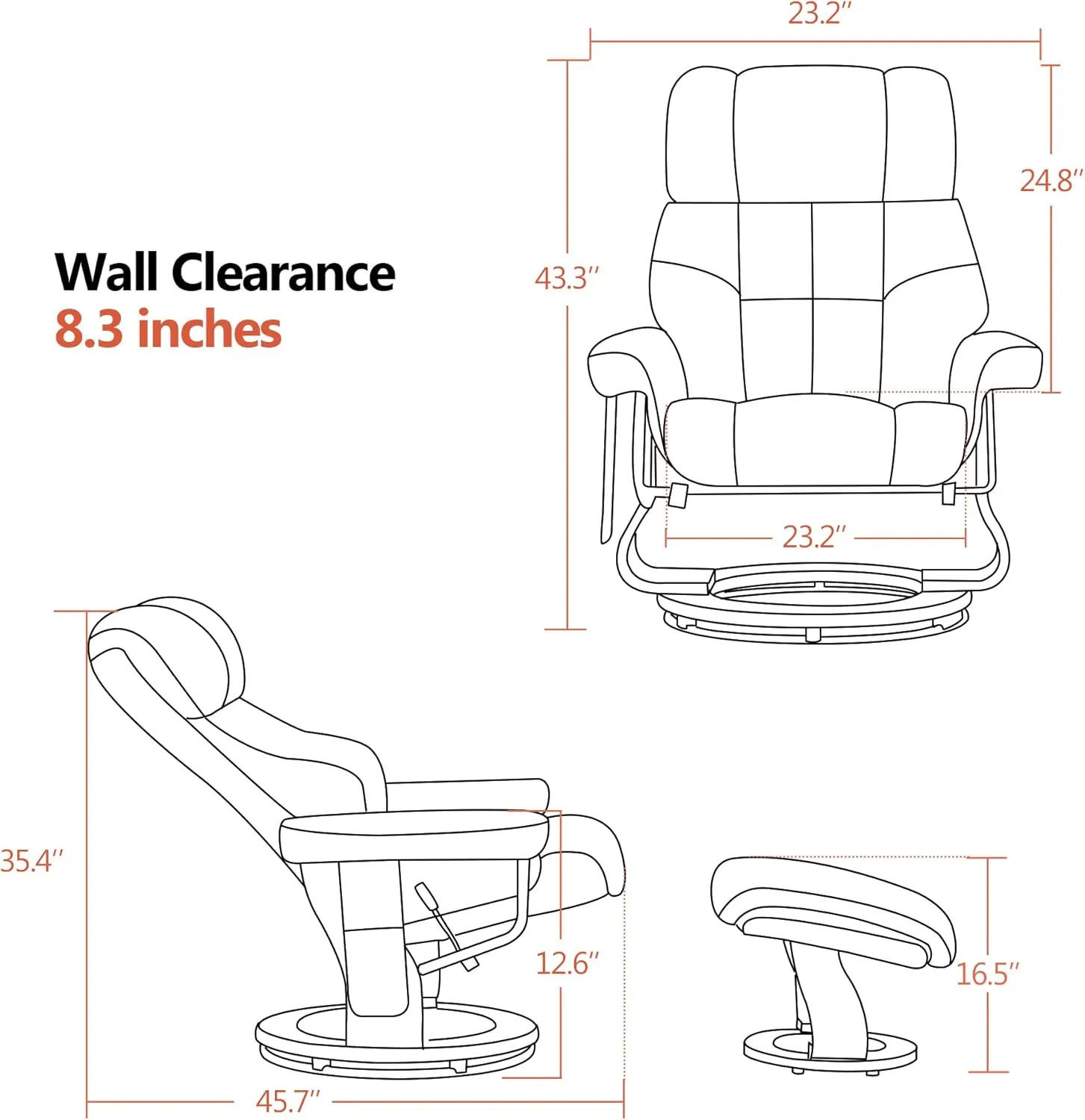 MCombo Manual Swivel Recliner with Ottoman, Reclining Chair with Vibration Massage for Small Spaces, Living Room, Office, Faux Leather 9068 (Grey)