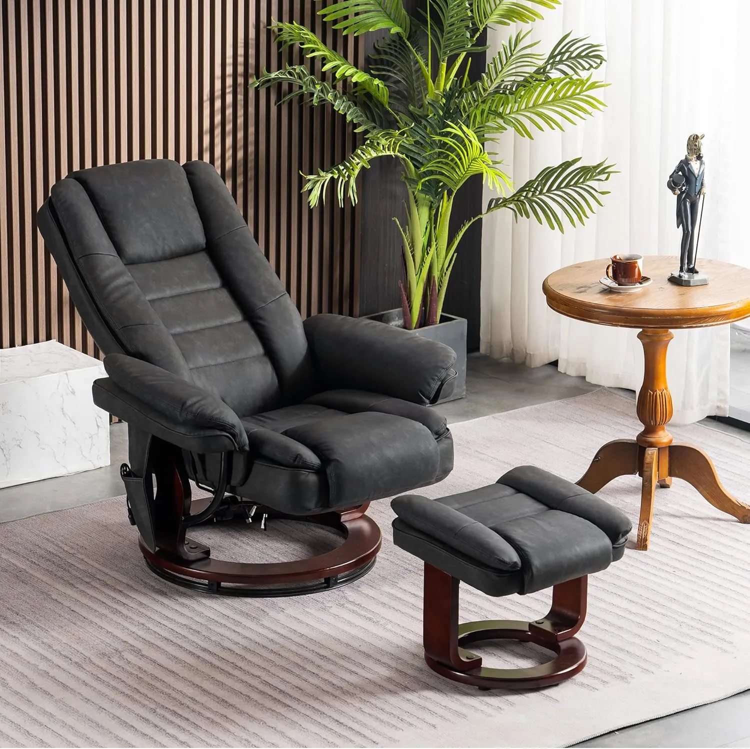 MCombo Swivel Recliner with Ottoman Chair, TV Chair Sets with Vibration Massage, for Small Space Living Room Bedroom 9096 9099 (Faux Leather, Dark Grey)