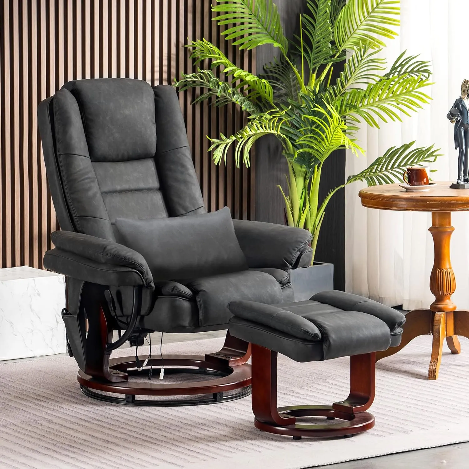 MCombo Swivel Recliner with Ottoman Chair, TV Chair Sets with Vibration Massage, for Small Space Living Room Bedroom 9096 9099 (Faux Leather, Dark Grey)