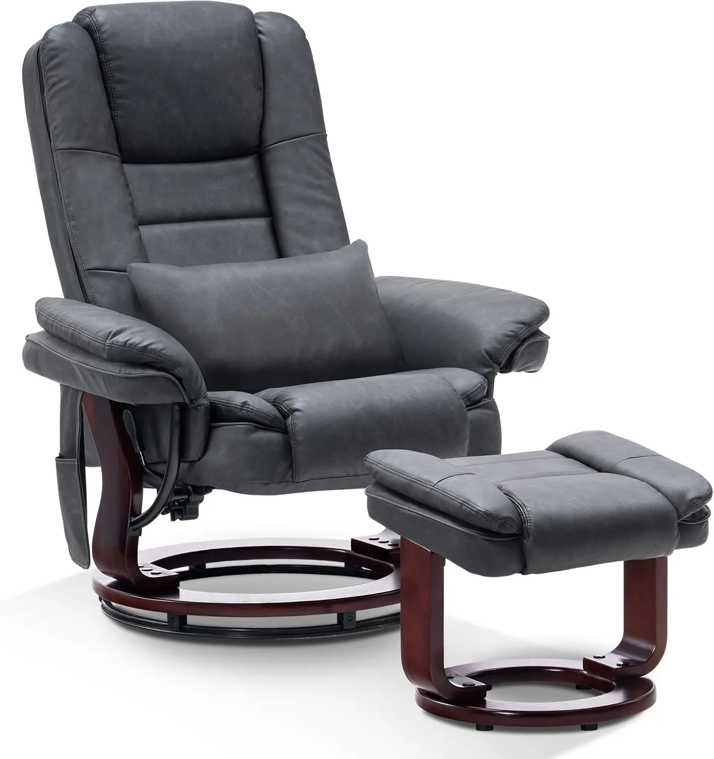 MCombo Swivel Recliner with Ottoman Chair, TV Chair Sets with Vibration Massage, for Small Space Living Room Bedroom 9096 9099 (Faux Leather, Dark Grey)