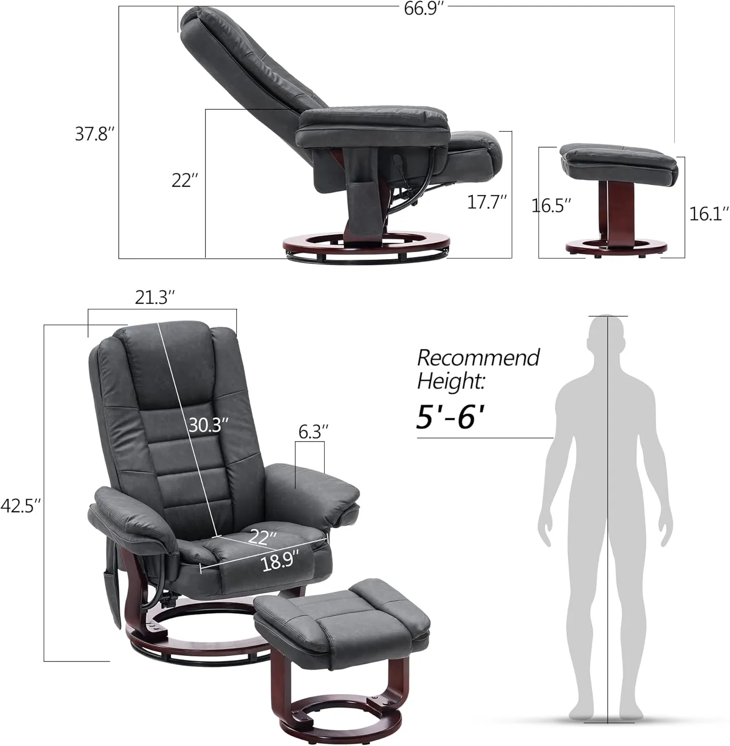 MCombo Swivel Recliner with Ottoman Chair, TV Chair Sets with Vibration Massage, for Small Space Living Room Bedroom 9096 9099 (Faux Leather, Dark Grey)