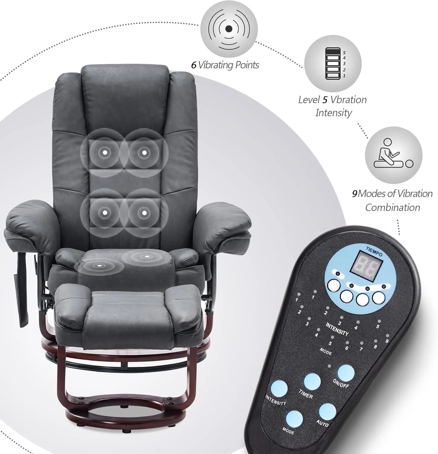 MCombo Swivel Recliner with Ottoman Chair, TV Chair Sets with Vibration Massage, for Small Space Living Room Bedroom 9096 9099 (Faux Leather, Dark Grey)